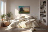 Sinus Art Wandbild 120x80cm Grüne Wiese im goldenen Morgenlicht mit Baumgruppe für eine friedliche Raumwirkung