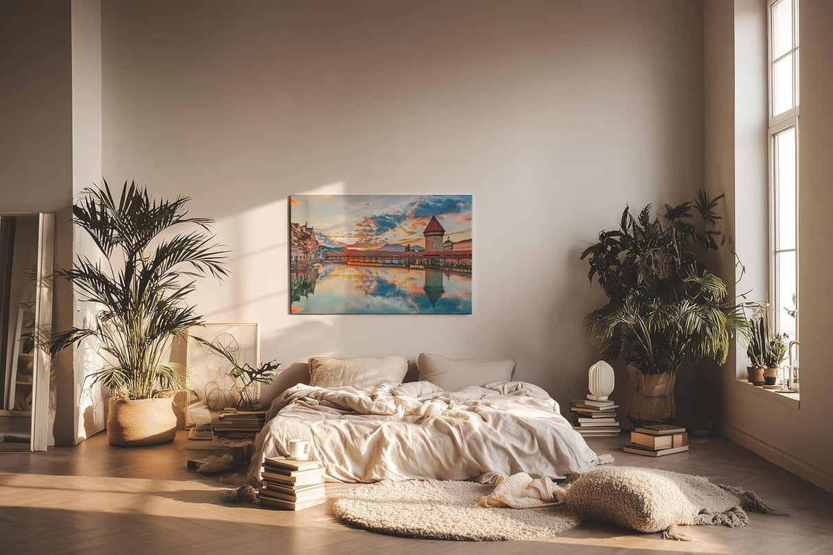 Sinus Art Wandbild 120x80cm Kapellbrücke und Wasserturm im Sonnenuntergang mit Spiegelung für atmosphärische Raumwirkung