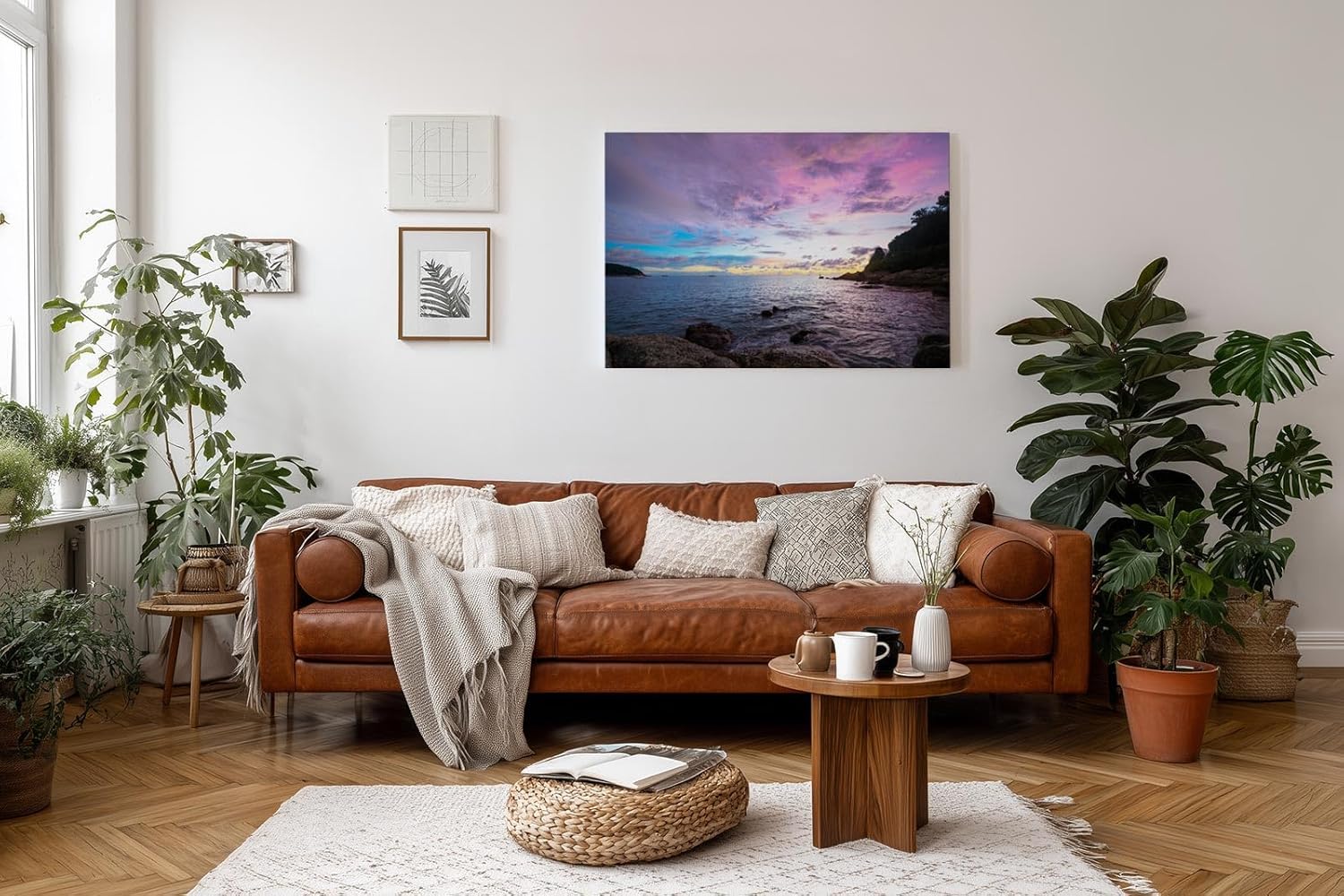 Sinus Art Wandbild 120x80cm Dramatisch ruhige Szene einer felsigen Küste bei Sonnenuntergang in pastelligen Tönen