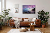 Sinus Art Wandbild 120x80cm Dramatisch ruhige Szene einer felsigen Küste bei Sonnenuntergang in pastelligen Tönen