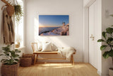 Sinus Art Wandbild 120x80cm Weiße Häuser und Windmühlen über dem Meer im goldenen Abendlicht