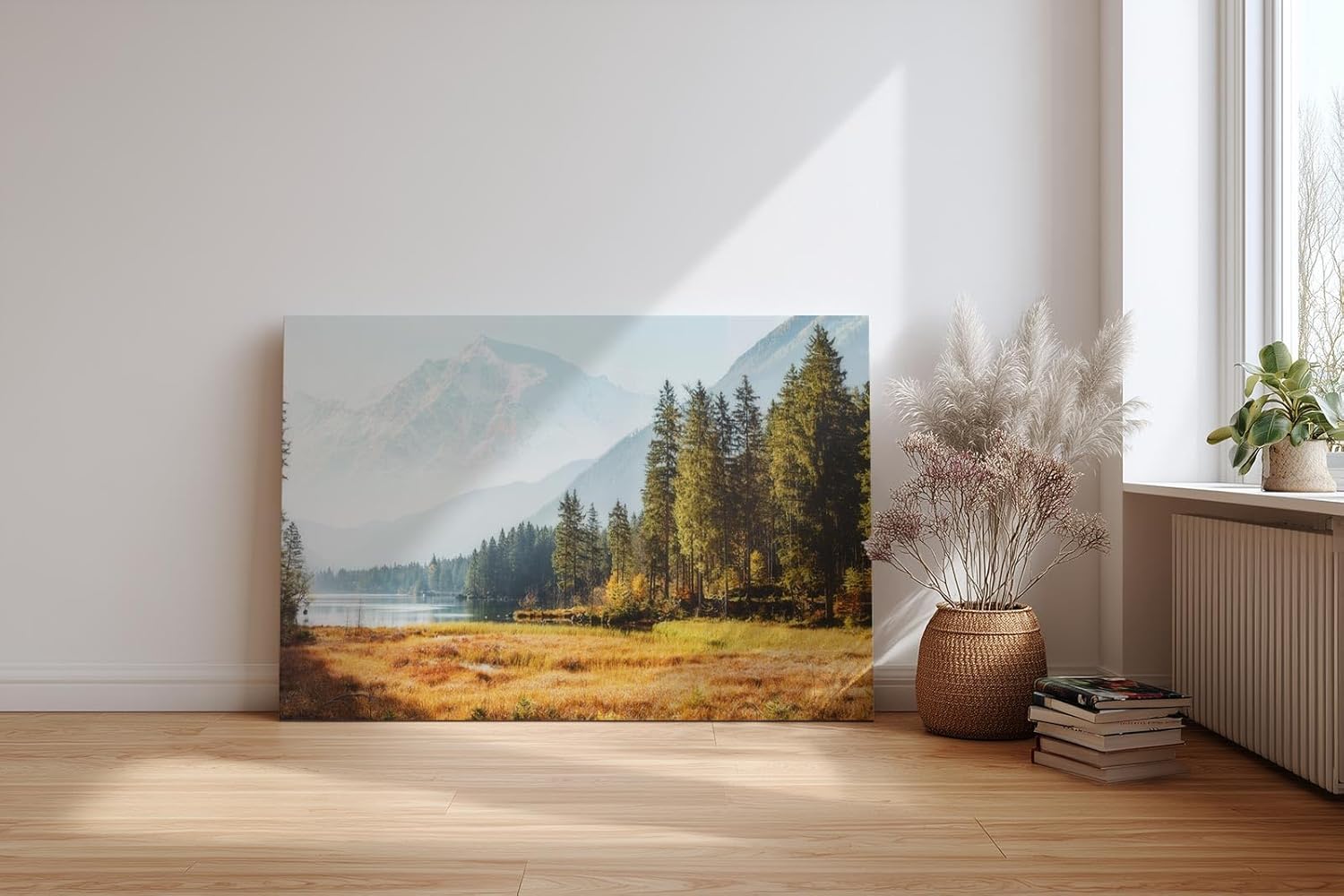 Sinus Art Wandbild 120x80cm Idyllische Szene mit Bergsee, herbstlicher Wiese und Tannenwald für naturverbundene Räume