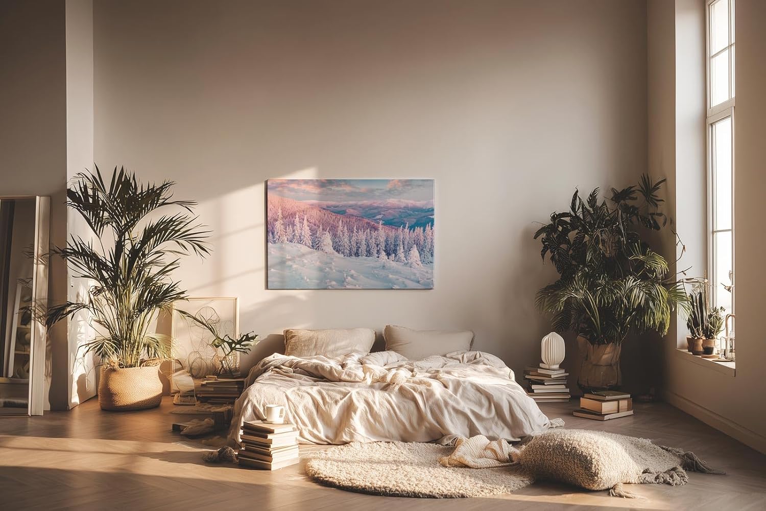 Sinus Art Wandbild 120x80cm Pastellfarbene Winterlandschaft mit verschneiten Bäumen und stiller Weite