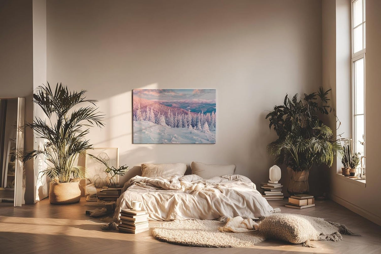 Sinus Art Wandbild 120x80cm Pastellfarbene Winterlandschaft mit verschneiten Bäumen und stiller Weite