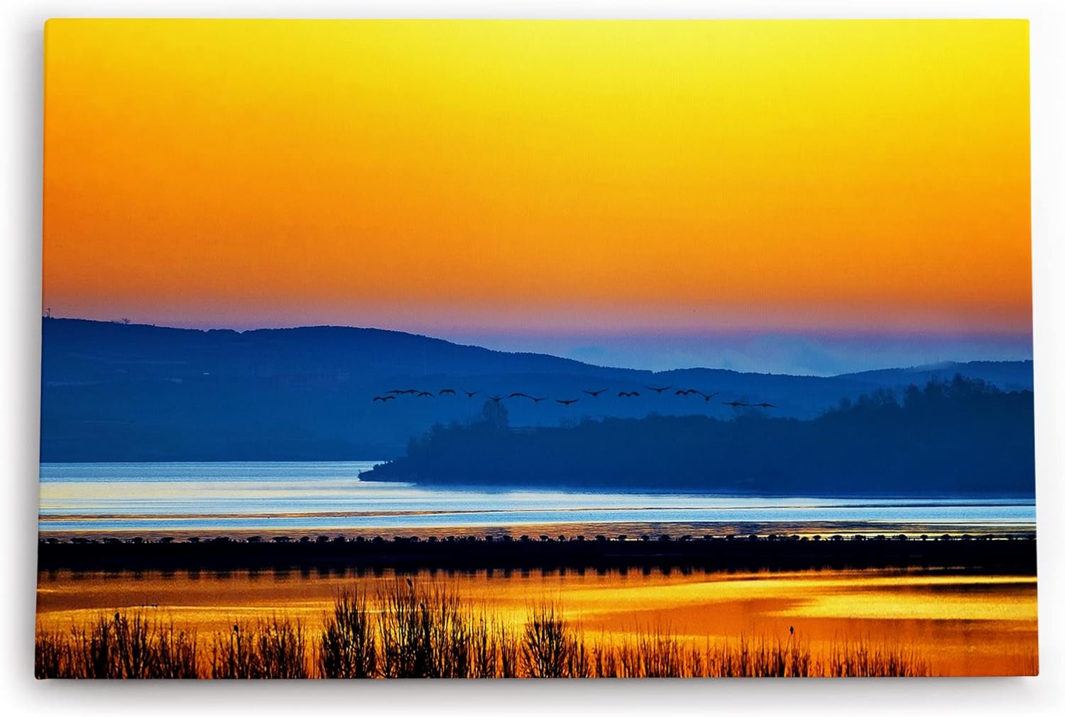Paul Sinus Wandbild 120x80cm Landschaftsbild See roter Himmel Abendröte Vögel Natur