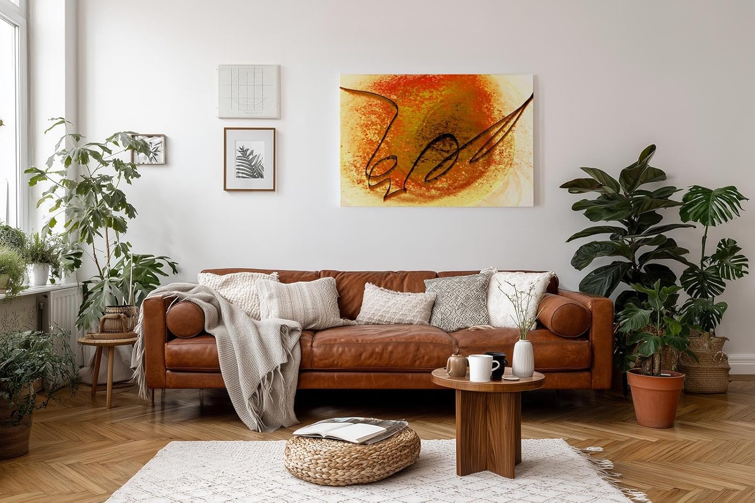 Sinus Art Wandbild 120x80cm Kreisförmige Strukturen in Orange und Gelb mit zentraler schwungvoller schwarzer Linie