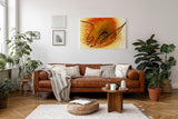 Sinus Art Wandbild 120x80cm Kreisförmige Strukturen in Orange und Gelb mit zentraler schwungvoller schwarzer Linie