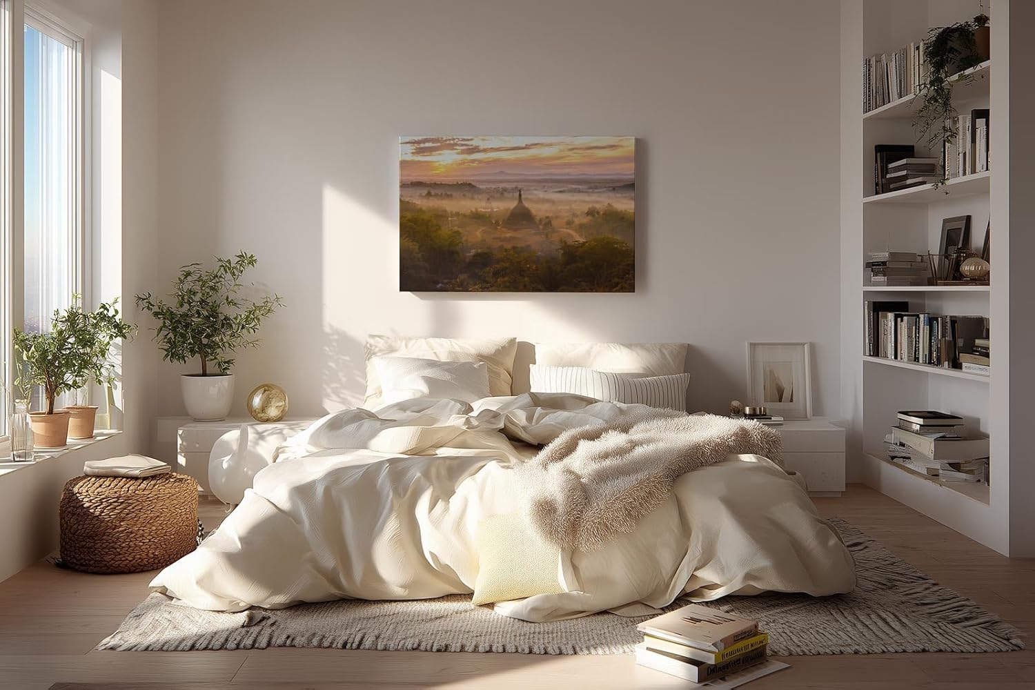 Sinus Art Wandbild 120x80cm Tempel im Morgendunst – faszinierende Komposition aus Kultur, Natur und Licht