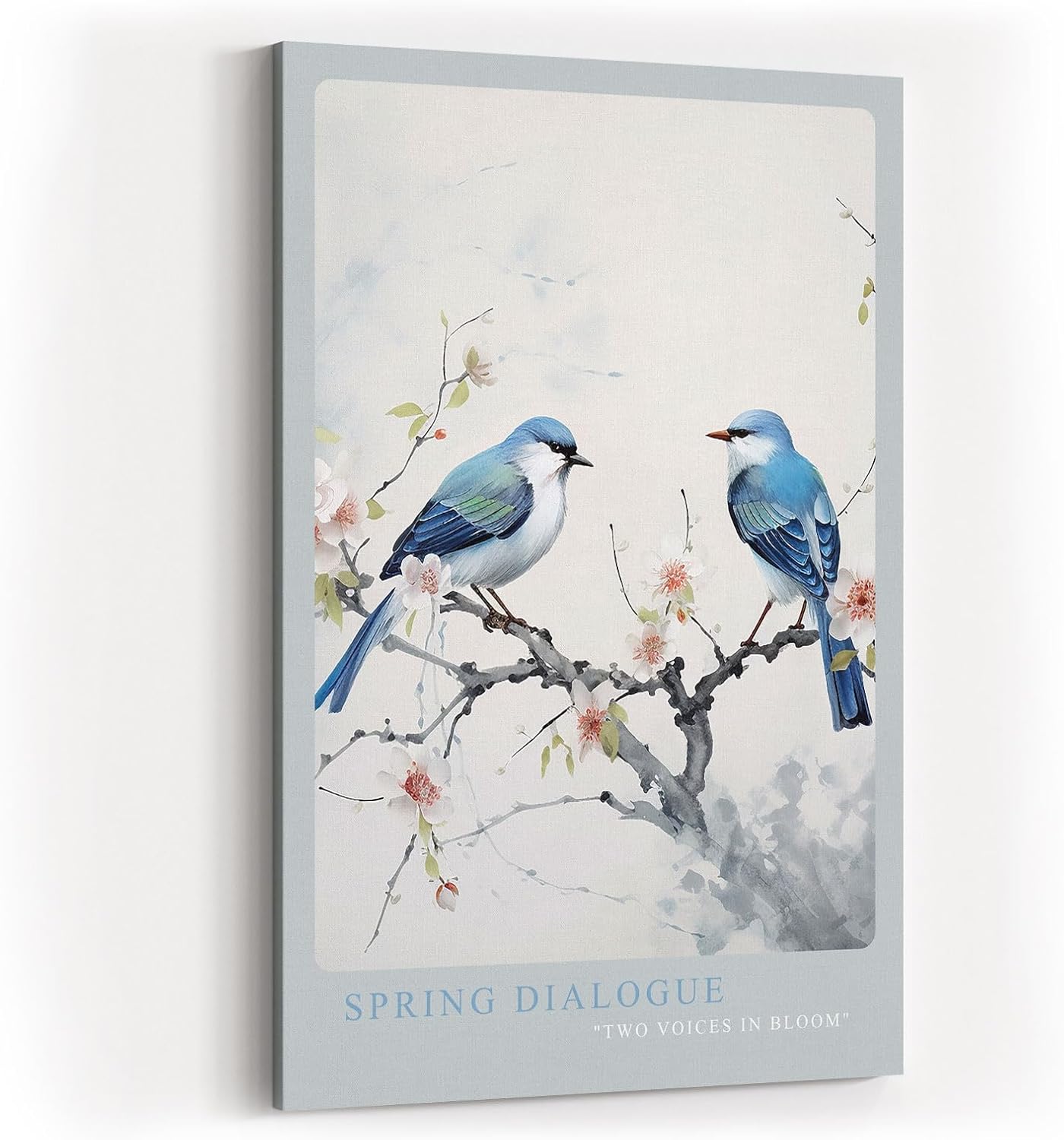 Paul Sinus Kunstdruck 40x60cm Spring Dialogue – Zwei Vögel auf blühendem Zweig in zarter Aquarell-Ästhetik
