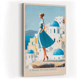 Paul Sinus Wandbild in 40x60cm A Walk in Santorini – Frau im blauen Kleid vor weißen Häusern und blauen Kuppeln, mediterrane Idylle