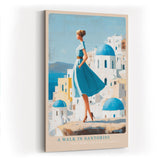 Paul Sinus Wandbild in 40x60cm A Walk in Santorini – Frau im blauen Kleid vor weißen Häusern und blauen Kuppeln, mediterrane Idylle