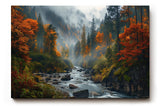 Sinus Art Wandbild 120x80cm Stimmungsvolles Naturmotiv mit fließendem Bach im nebelverhangenen Herbstwald – lebendig und tiefgründig