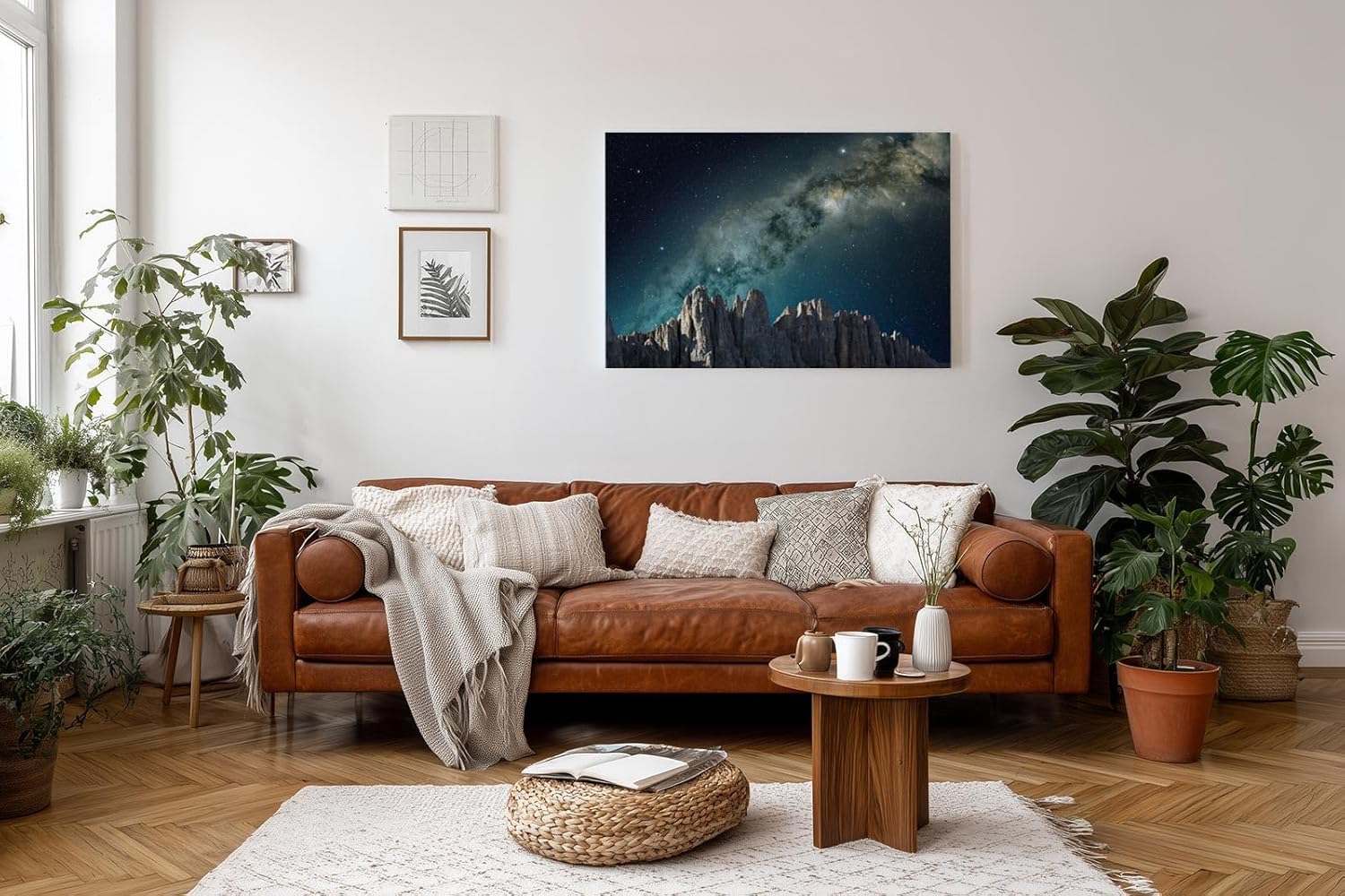 Sinus Art Wandbild 120x80cm Sternenreiche Milchstraße über schroffer Gebirgslandschaft in dunklem Farbspektrum