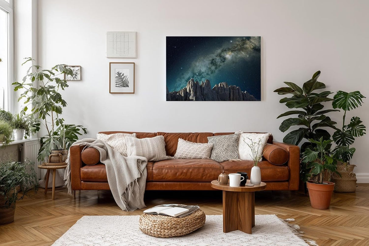 Sinus Art Wandbild 120x80cm Sternenreiche Milchstraße über schroffer Gebirgslandschaft in dunklem Farbspektrum