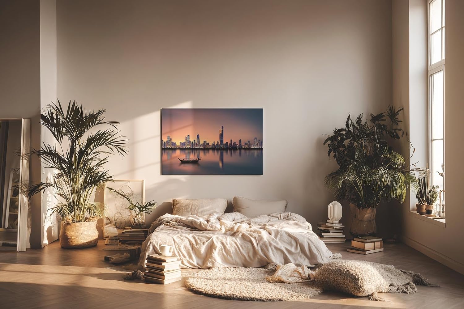 Sinus Art Wandbild 120x80cm Städtische Skyline in der Dämmerung mit reflektierendem Wasser und ruhigem Boot – kontrastreich und elegant