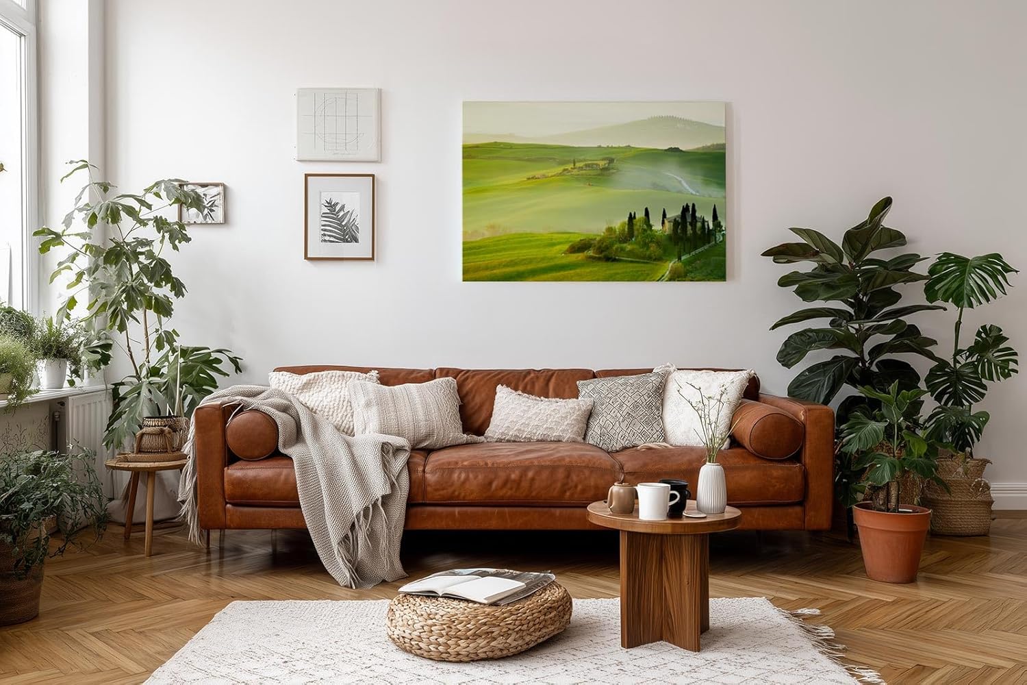 Sinus Art Wandbild 120x80cm Traumhafte Aussicht über die grünen Hügel der Toskana im frühen Sonnenlicht