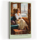 Paul Sinus Wandbild in 40x60cm A Love Story in Paris – Romantische Bahnszene mit Blick auf den Eiffelturm, elegante Frau am Zugfenster, nostalgische Stadtkunst