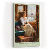 Paul Sinus Wandbild in 40x60cm A Love Story in Paris – Romantische Bahnszene mit Blick auf den Eiffelturm, elegante Frau am Zugfenster, nostalgische Stadtkunst