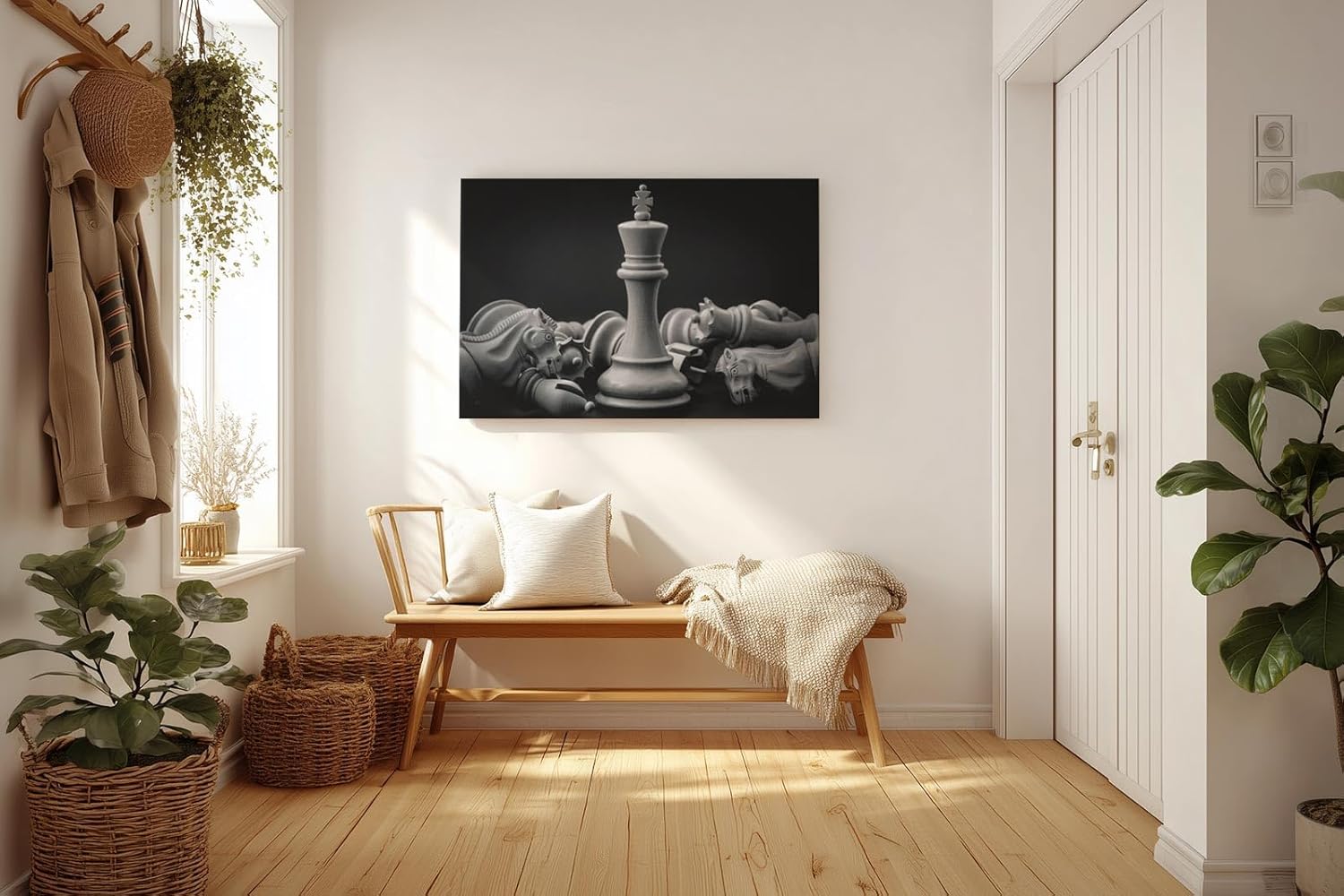 Sinus Art Wandbild 120x80cm Darstellung einer Schachkönigin umgeben von geschlagenen Figuren als Zeichen der Stärke
