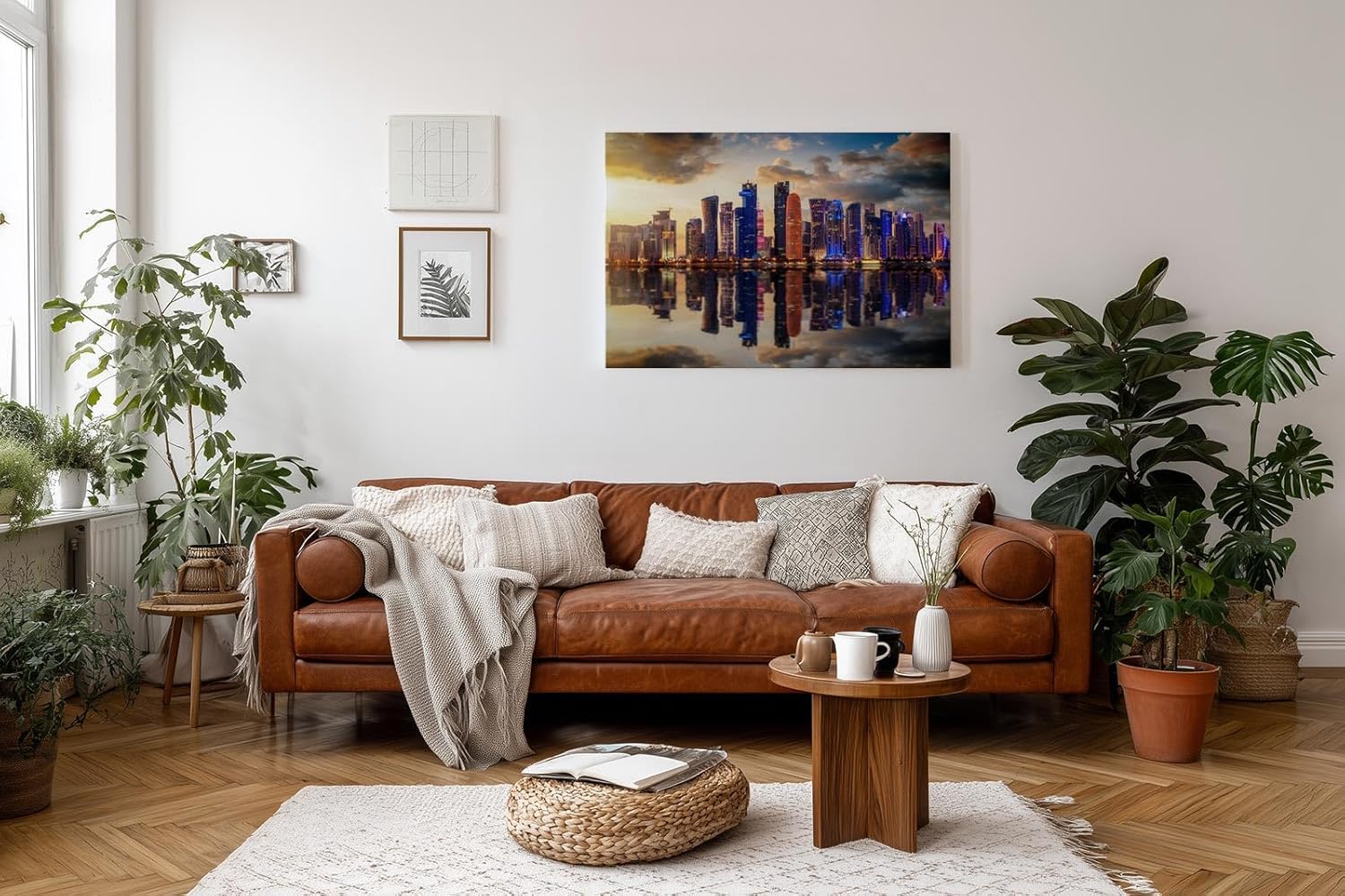 Sinus Art Wandbild 120x80cm Moderne Skyline spiegelt sich im Wasser bei untergehender Sonne – urbanes Highlight
