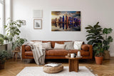 Sinus Art Wandbild 120x80cm Moderne Skyline spiegelt sich im Wasser bei untergehender Sonne – urbanes Highlight