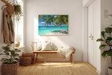 Sinus Art Wandbild 120x80cm Tropischer Strand mit weißen Sand und schattenspendenden Palmen als Urlaubsidyll
