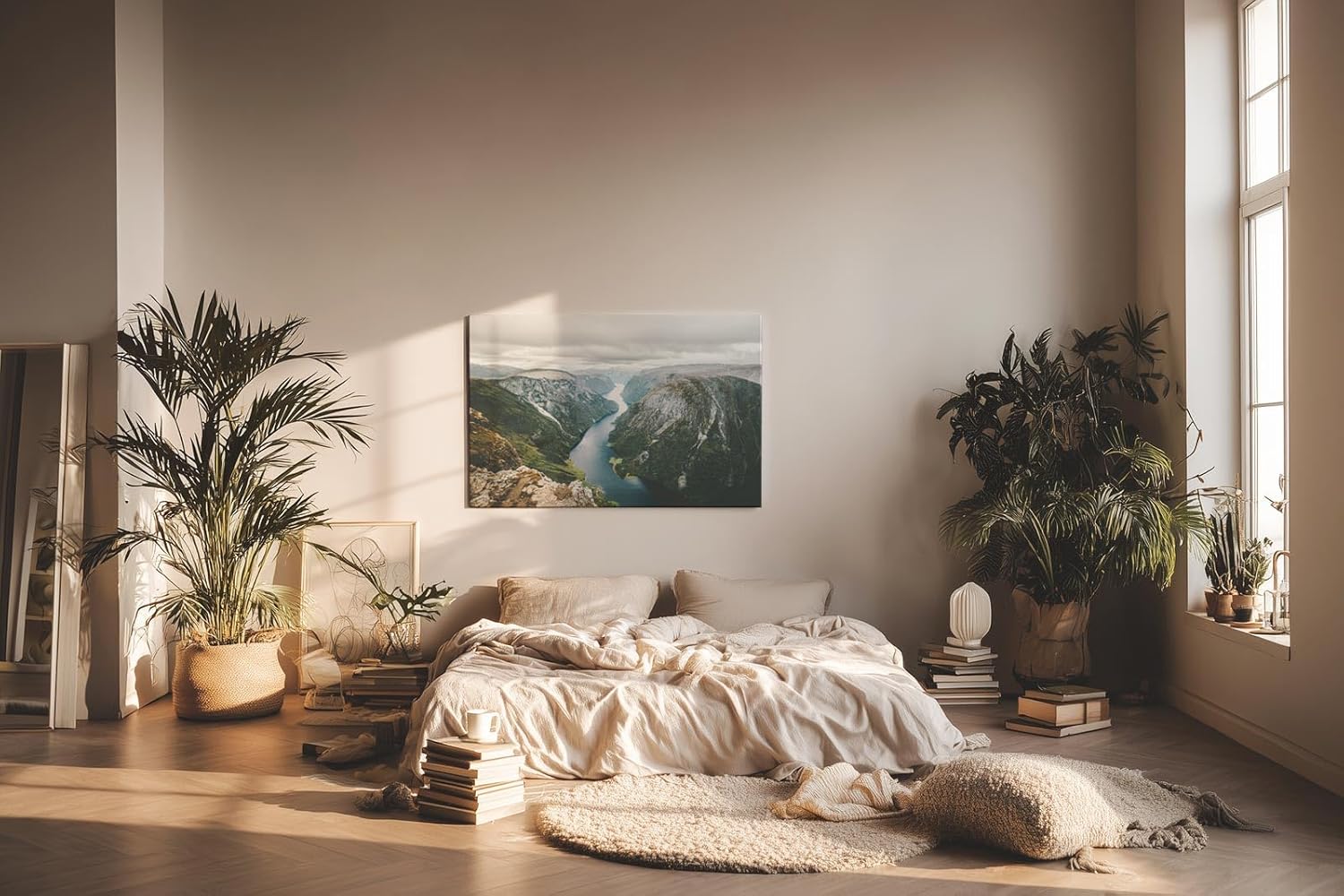 Sinus Art Wandbild 120x80cm Beeindruckende Aussicht auf schmalen Fjord zwischen steilen Felsen für imposante Raumwirkung