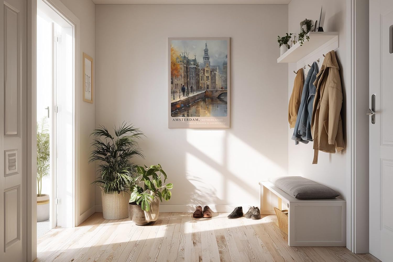 Paul Sinus Kunstdruck 40x60cm Amsterdam Netherlands – Malerische Altstadt an Gracht in herbstlichem Licht mit künstlerischem Flair