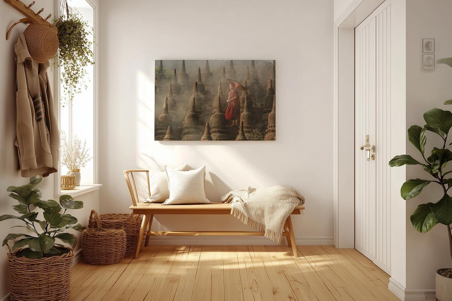 Sinus Art Wandbild 120x80cm Junger Mönch mit Schirm zwischen alten Stupas – Symbol für Glaube und Einkehr