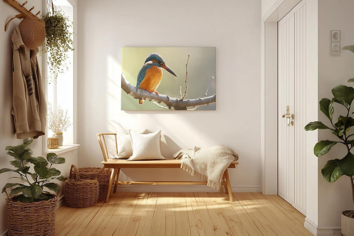 Sinus Art Wandbild 120x80cm Detailreiche Aufnahme eines Eisvogels mit blauen und orangefarbenen Federn in ruhiger Pose
