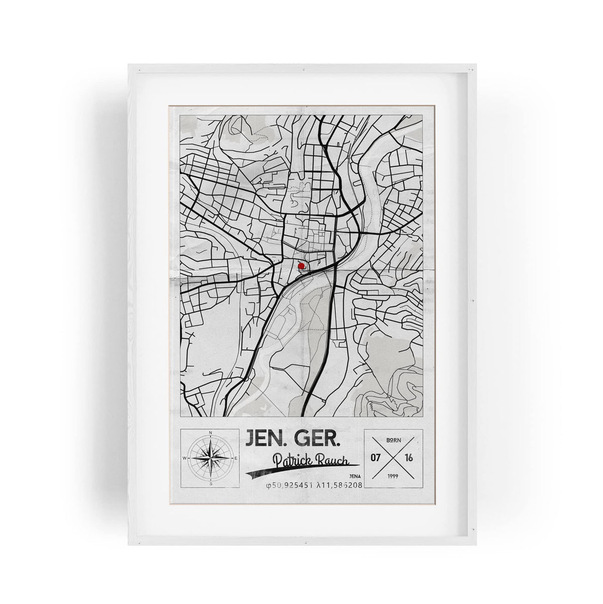 Paul Sinus Bilderrahmen einzigartiger Stadtplan mit deinen GPS Koordinaten und Namen. 30cm x 42cm Holz Wechselrahmen mit Glas und Passepartout. Geschenkidee. Vintage (ohne Rahmen)