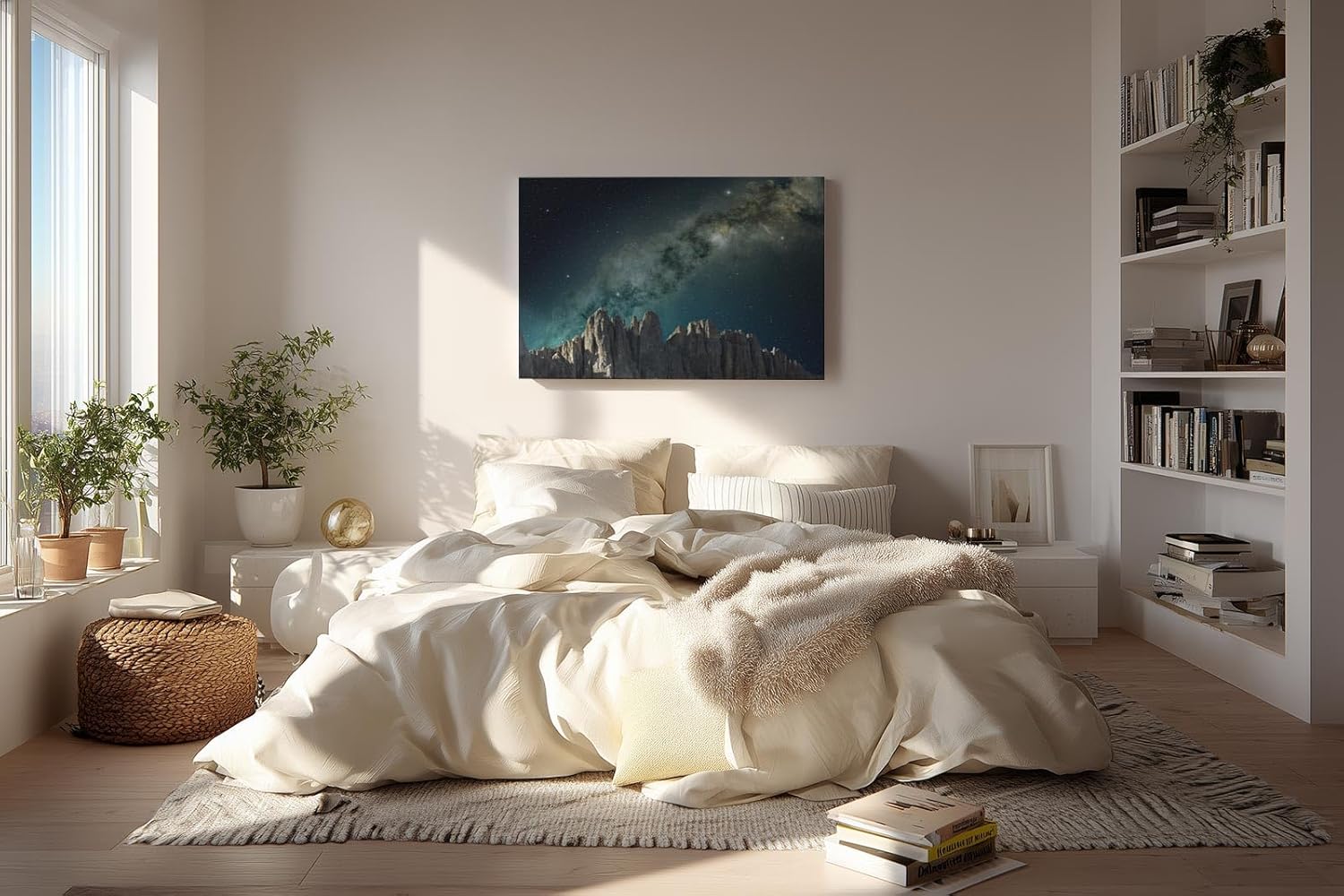 Sinus Art Wandbild 120x80cm Sternenreiche Milchstraße über schroffer Gebirgslandschaft in dunklem Farbspektrum