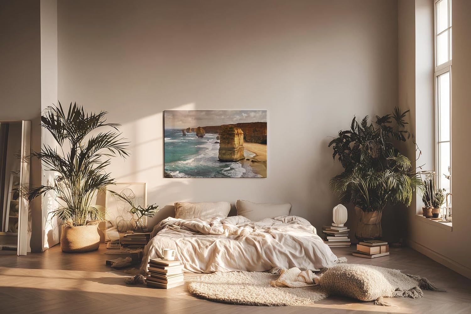 Sinus Art Wandbild 120x80cm Mächtige Sandsteinfelsen umgeben vom Ozean – imposant, dynamisch und zeitlos