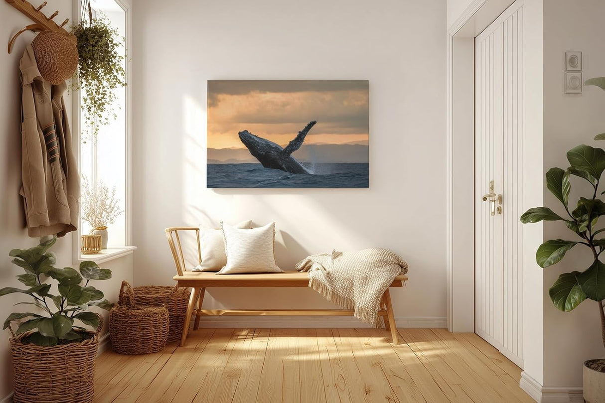 Sinus Art Wandbild 120x80cm Der Wal im Sprung vor dem Sonnenuntergang strahlt Kraft und Freiheit aus