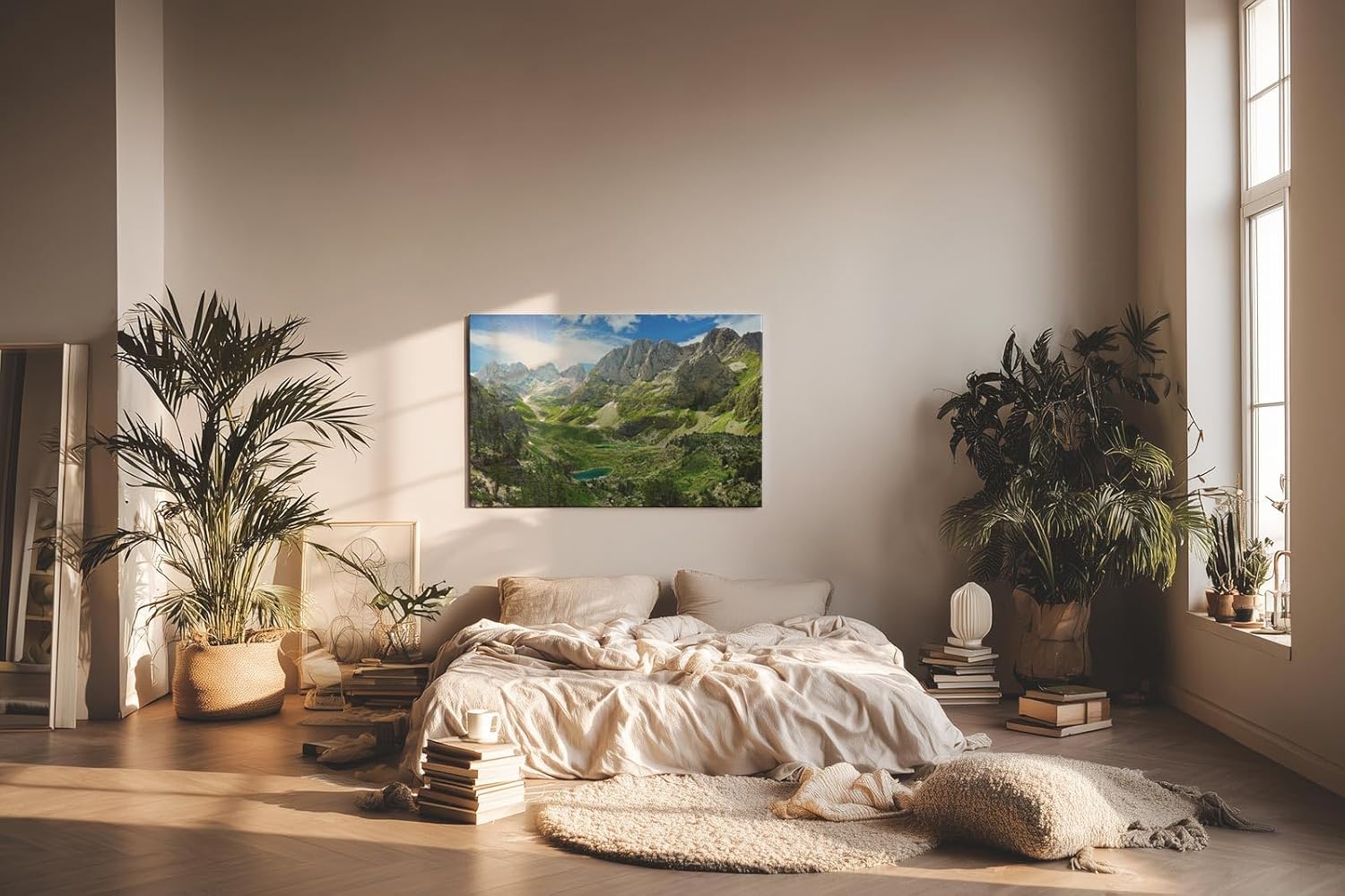 Sinus Art Wandbild 120x80cm Atemberaubendes Hochgebirgspanorama mit grünen Hängen und türkisfarbenem Bergsee im Tal