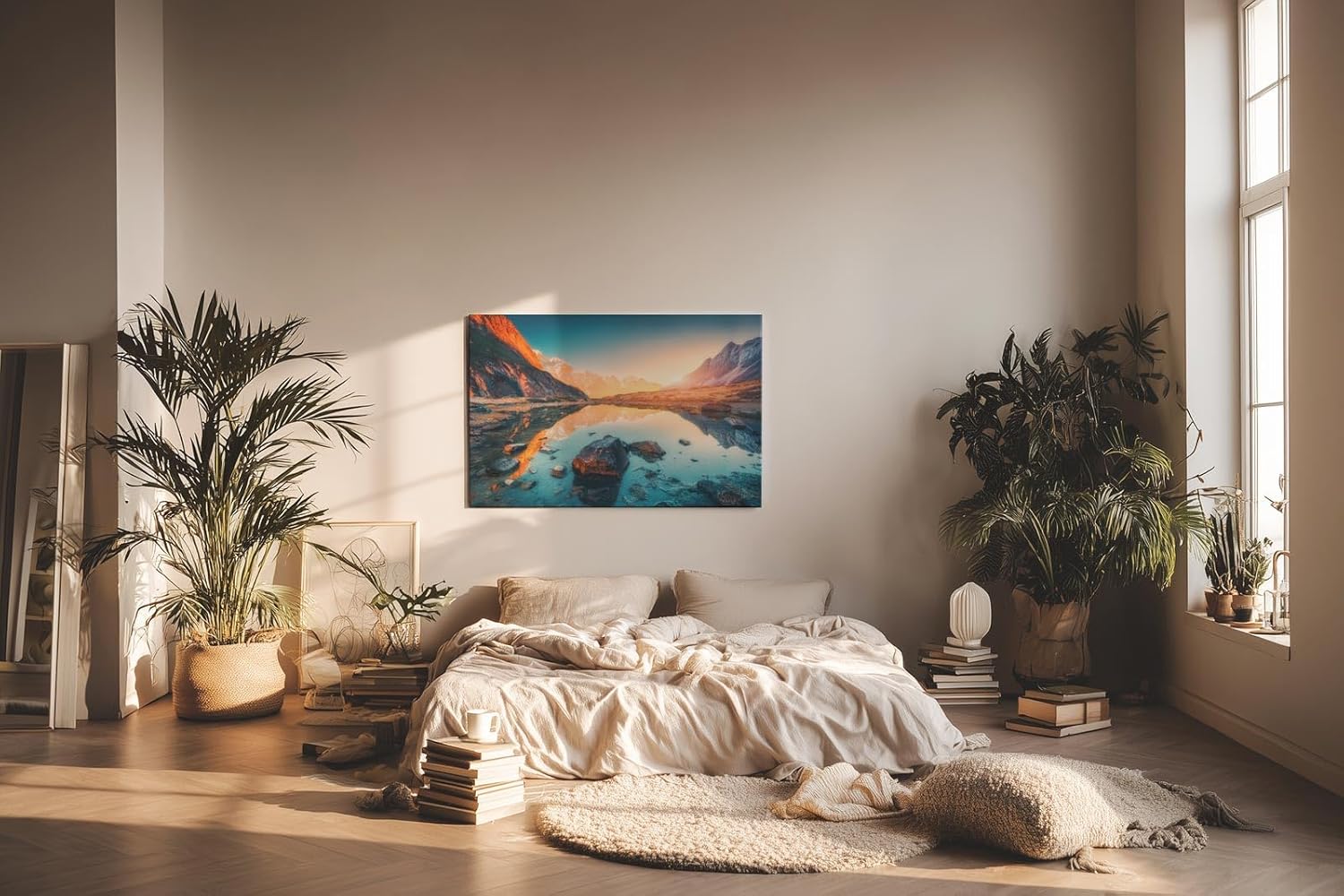 Sinus Art Wandbild 120x80cm Faszinierendes Bergpanorama mit Spiegelung im klaren Wasser bei untergehender Sonne