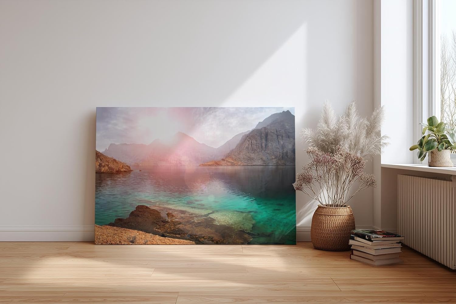 Sinus Art Wandbild 120x80cm Faszinierende Felslandschaft mit türkisfarbenem Wasser und warmem Lichtspiel