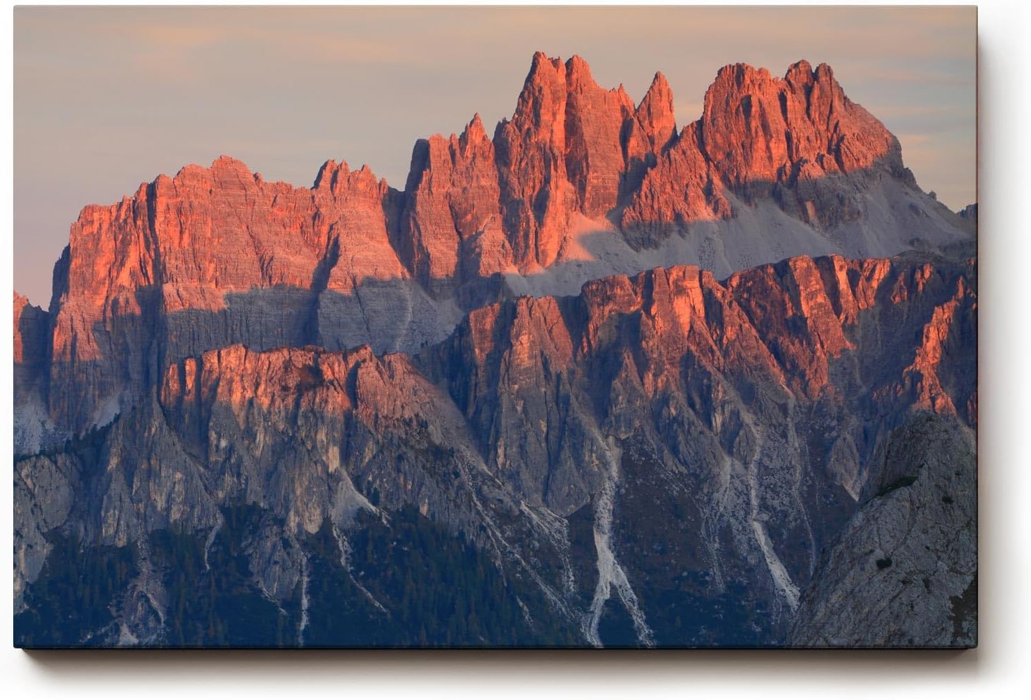 Sinus Art Wandbild 120x80cm Spektakuläre Felsformationen der Dolomiten im rötlichen Licht der untergehenden Sonne