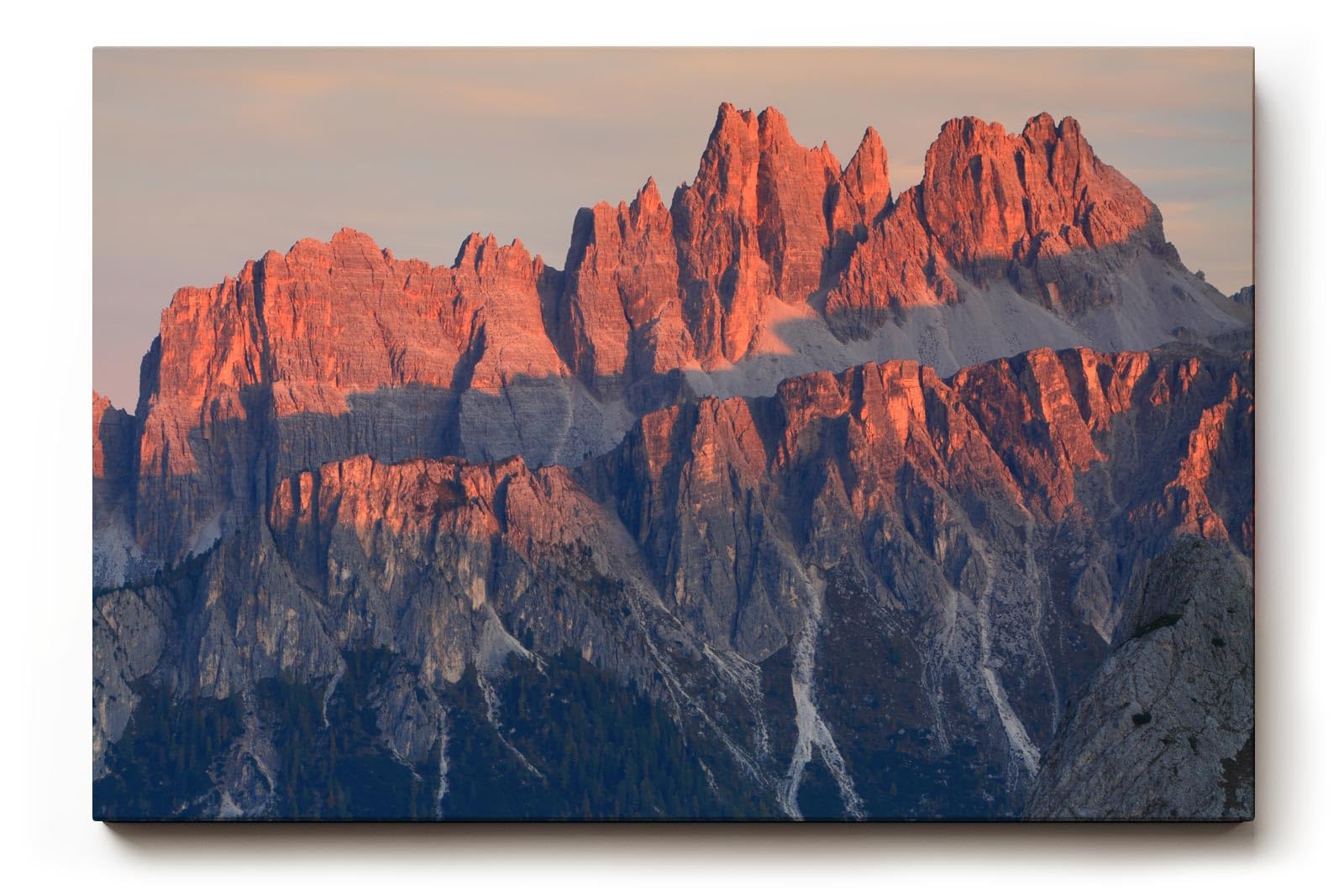 Sinus Art Wandbild 120x80cm Spektakuläre Felsformationen der Dolomiten im rötlichen Licht der untergehenden Sonne