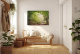 Sinus Art Wandbild 120x80cm Faszinierender Waldweg mit mystischem Nebel für Ruhe und Tiefe in jedem Raum
