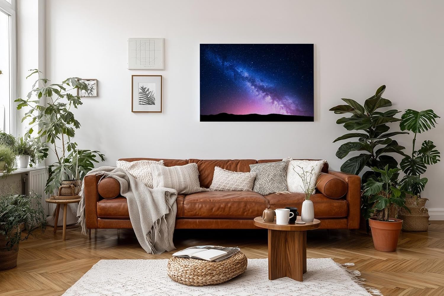 Sinus Art Wandbild 120x80cm Die Milchstraße spannt sich in leuchtenden Farben über eine dunkle Landschaft