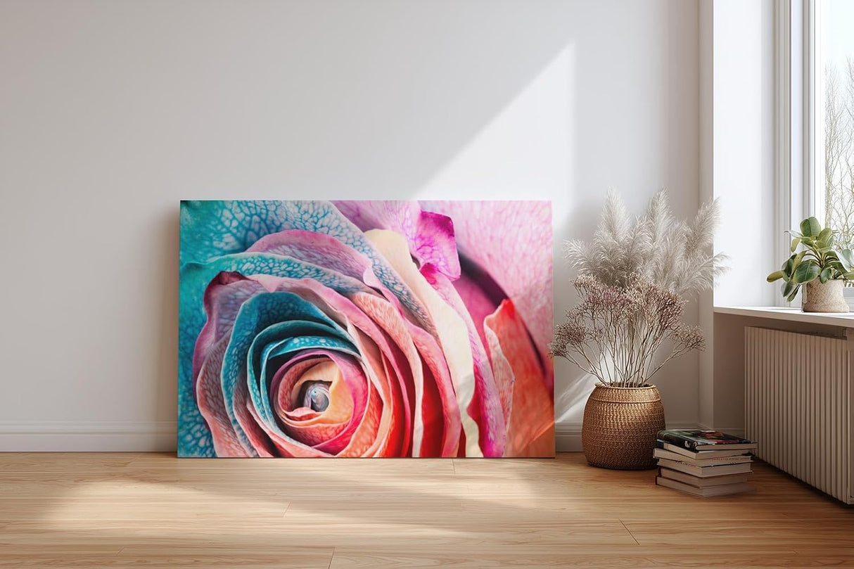 Sinus Art Wandbild 120x80cm Intensive Nahaufnahme einer vielfarbigen Rose mit einzigartiger Blattstruktur