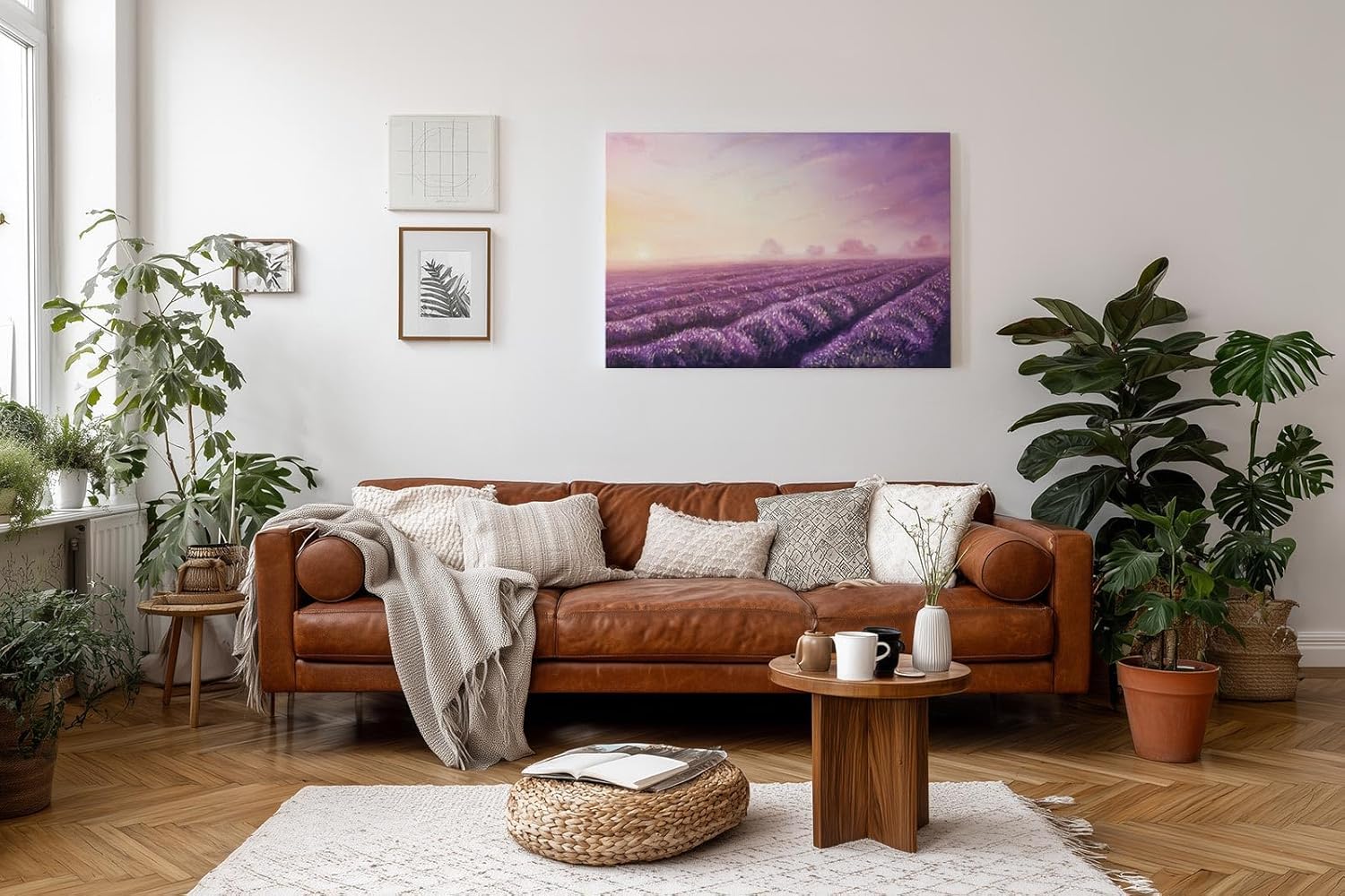 Sinus Art Wandbild 120x80cm Friedliche Landschaft mit Lavendelreihen und weichem Abendlicht für stimmungsvolle Atmosphäre