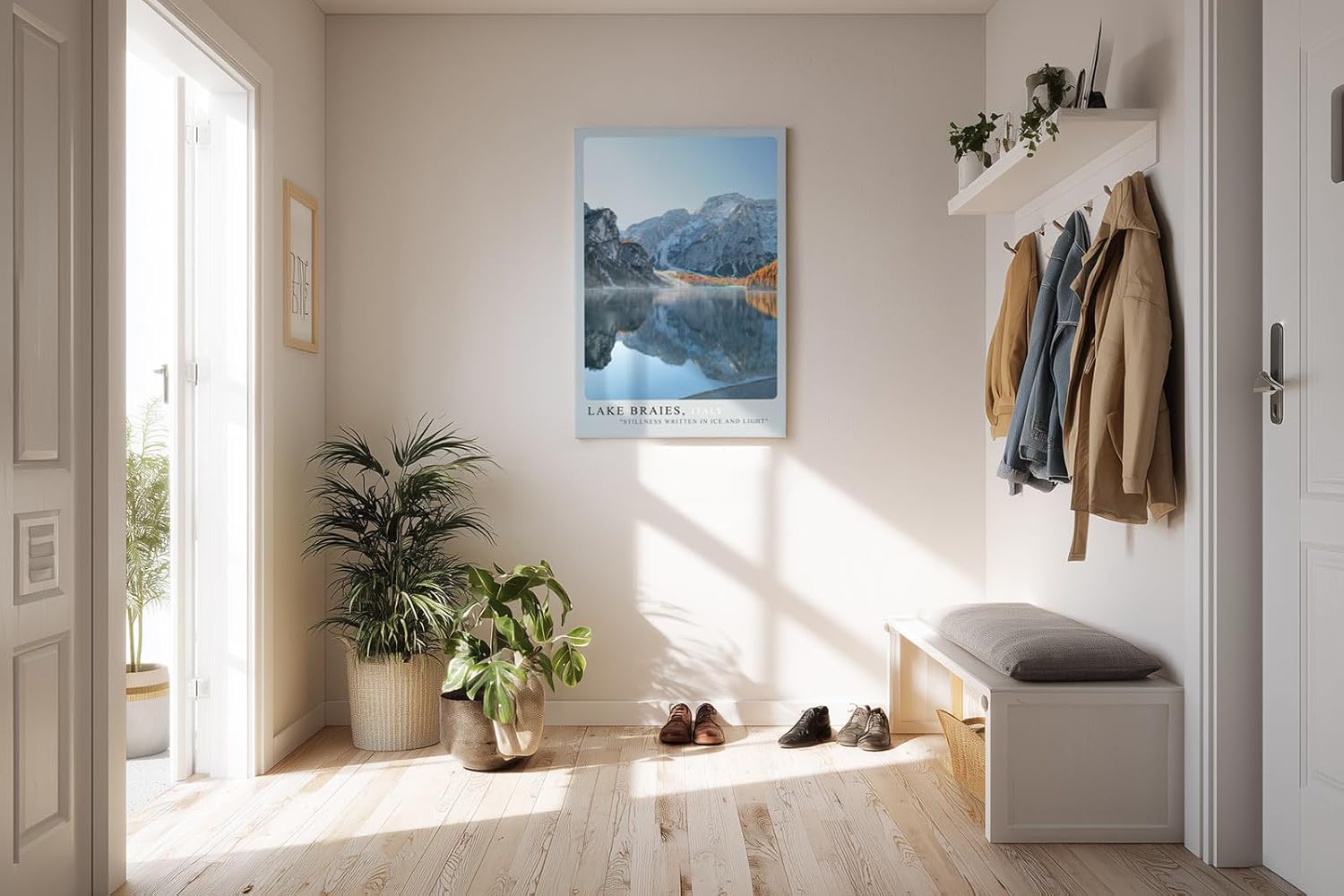 Paul Sinus Kunstdruck 40x60cm Lake Braies Italien – spiegelglatter Bergsee mit verschneiten Gipfeln in der Morgensonne