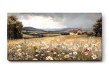 Sinus Art Wandbild 120x80cm Sanftes Naturmotiv mit blühender Wiese, Wildblumen und Bauernhof in weiter Hügellandschaft
