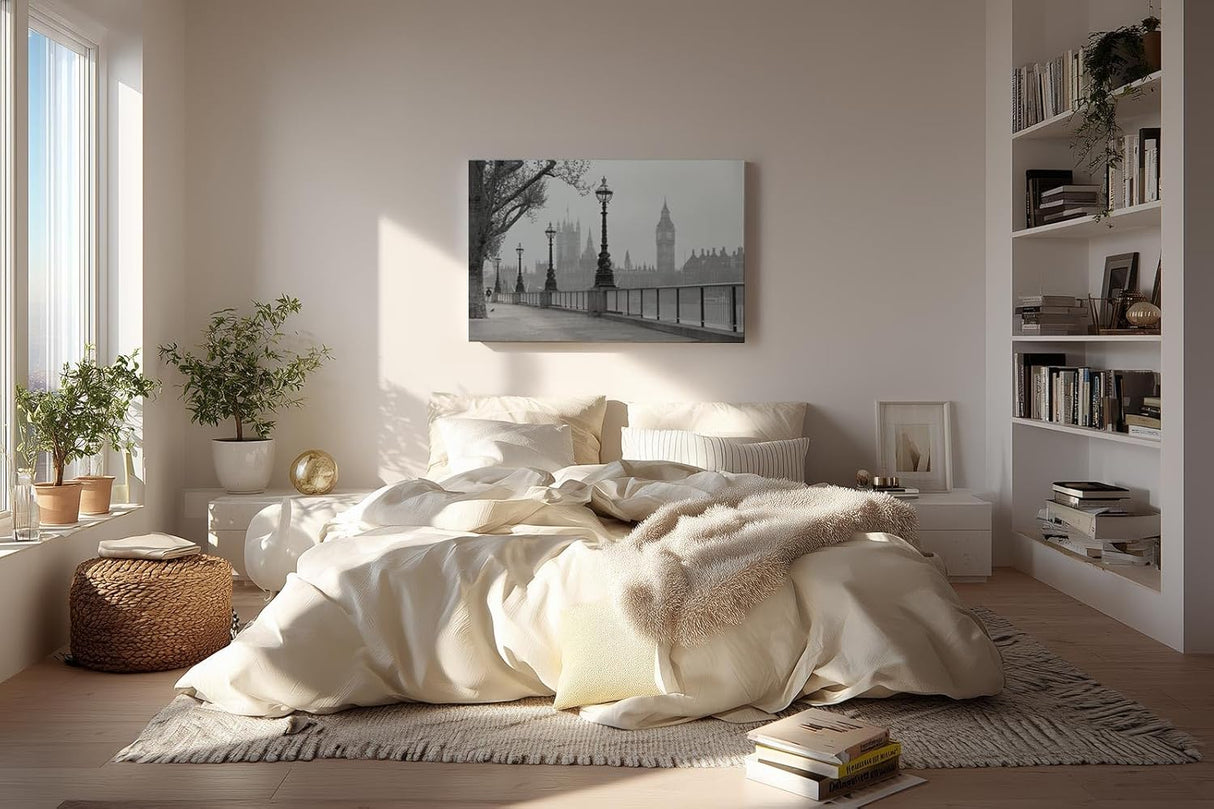 Sinus Art Wandbild 120x80cm Klassische London-Szene mit Laternenreihe und ikonischer Silhouette – elegant und urban