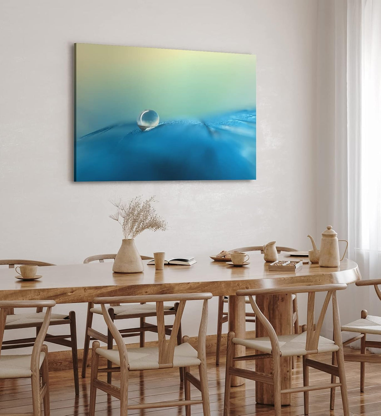 Paul Sinus Wandbild 120x80cm Wassertropfen auf Feder Blau Makrofotografie Türkis