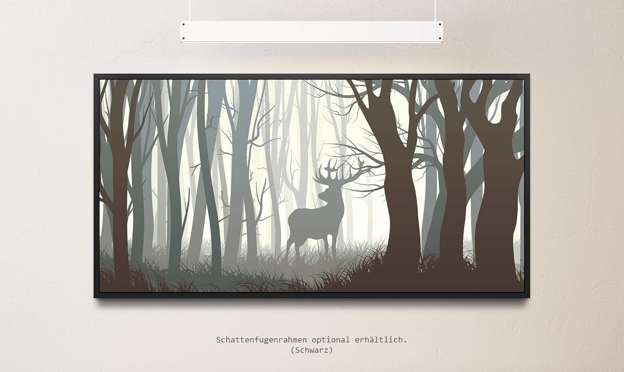 Rehbock in einem Wald ca. 130x70cm Wandbild inklusive Schattenfugenrahmen schwarz - Panorama Leinwand Bild XXL Format Wandbilder Wohnzimmer Wohnung Deko Kunstdrucke