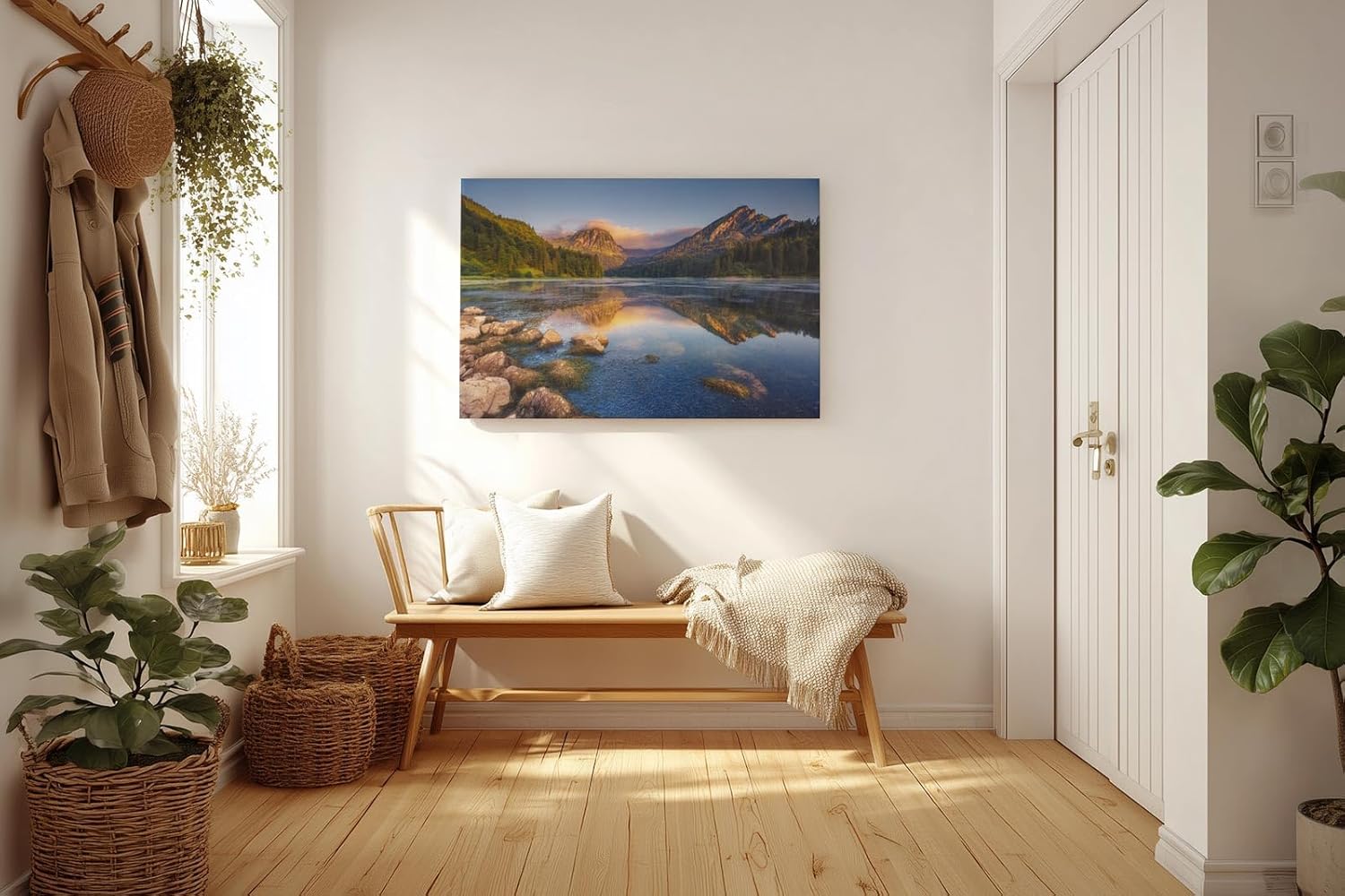 Sinus Art Wandbild 120x80cm Faszinierende Berglandschaft mit ruhigem See und perfekter Spiegelung für harmonische Raumwirkung