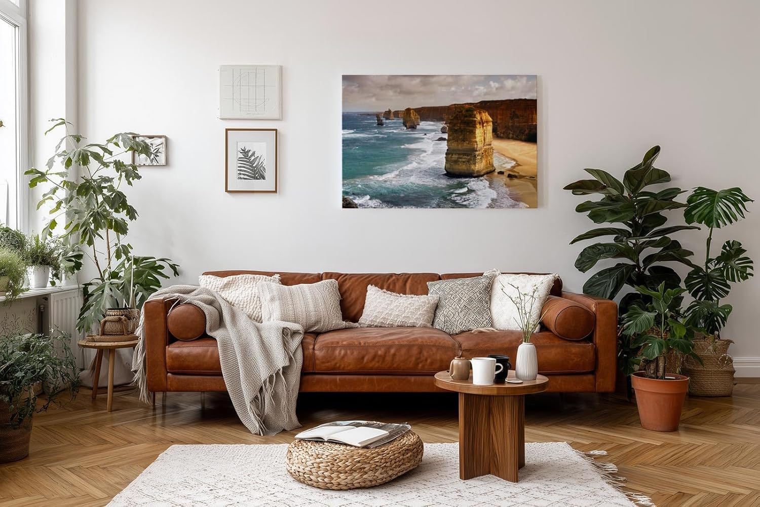 Sinus Art Wandbild 120x80cm Mächtige Sandsteinfelsen umgeben vom Ozean – imposant, dynamisch und zeitlos